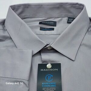 Madison Mens Grey Slim Fit Dynamic Cooling Dress Shirt 18 18.5 2XL 34 35